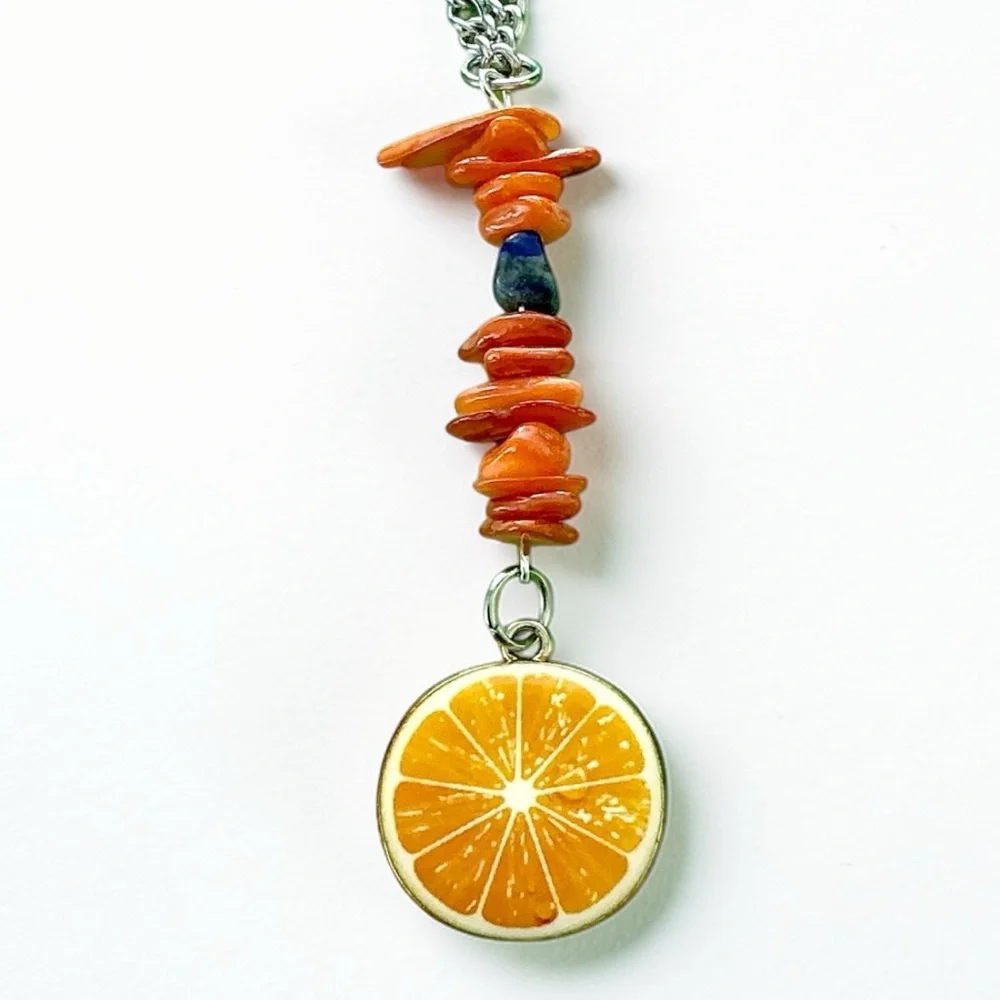 🆕 Enamel Orange Slice and Gemstones Pendant Necklace-Stainless Steel